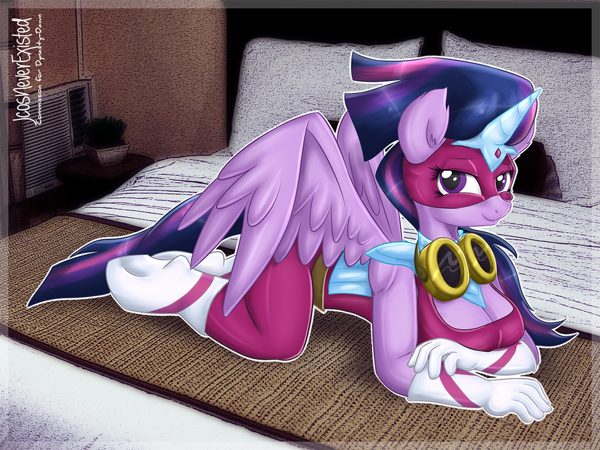 anthro bed bedroom bedroom_eyes big_breasts breasts cleavage clothed clothing equine eyewear feathers female friendship_is_magic fur goggles hair hooves horn inside jcoshooves long_hair looking_at_viewer lying mammal mask masked_matter-horn_(mlp) my_little_pony purple_eyes purple_fur purple_hair smile solo twilight_sparkle_(mlp) uniform winged_unicorn wings