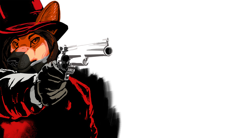 2014 anthro canine clothed clothing edit gloves gun holding_weapon john_marston male mammal maned_wolf plain_background ranged_weapon red_dead_redemption red_theme redrockrex revolver solo video_games weapon western