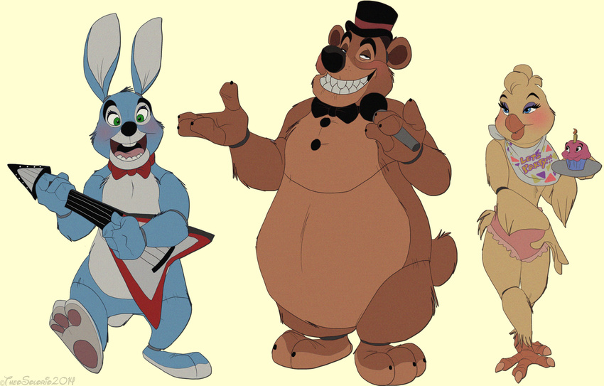 2014 absurd_res avian band beak bear bib bird blue_eyes blue_fur bow_tie brown_fur chicken cupcake cupcake_(fnaf) dwarfdraco female five_nights_at_freddy's_2 food fur green_eyes group guitar hat hi_res lagomorph looking_at_viewer male mammal microphone musical_instrument pawpads paws plain_background plate rabbit ribbons smile tongue top_hat toy_bonnie_(fnaf) toy_chica_(fnaf) toy_freddy_(fnaf) yellow_background