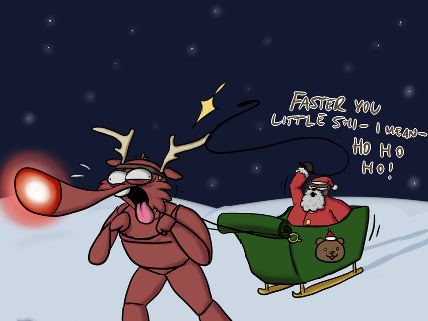 animatronic anthro antlers dragging duo five_nights_at_freddy's five_nights_at_freddy's_2 foxy_(fnaf) freddy_(fnaf) hook horn machine male mechanical outside robot santa_claus sleigh snow star whip
