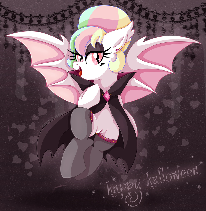 &lt;3 abstract_background bat_pony cape clitoris clothing digital_media_(artwork) equine fan_character fangs female feral fur hair halloween hi_res holidays hooves horse legwear looking_at_viewer mammal membranous_wings multicolored_hair my_little_pony open_mouth pearlyiridescence pink_eyes pony presenting pussy smile solo stockings teeth thestral vampire white_fur wings