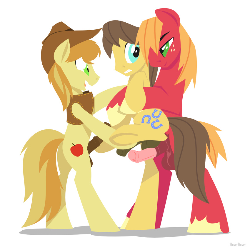 animal_genitalia big_macintosh_(mlp) braeburn_(mlp) caramel_(mlp) cyan_eyes earth_pony equine erection friendship_is_magic gay green_eyes group half-closed_eyes hat horse horsecock hoverrover incest male mammal my_little_pony nude open_mouth penis plain_background pony white_background