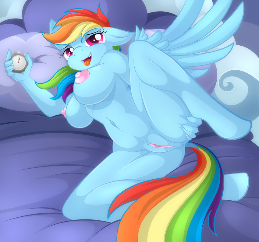 anthro anus bed bedroom_eyes big_breasts bigger_version_at_the_source blue_fur breasts clitoris equine feathers female friendship_is_magic fur hair hi_res hooves inviting long_hair looking_at_viewer mammal multicolored_hair my_little_pony navel nipples open_mouth pegasus pink_eyes presenting presenting_pussy pussy rainbow_dash_(mlp) smile solo spread_legs spreading stopwatch tongue tongue_out whitmaverick wings