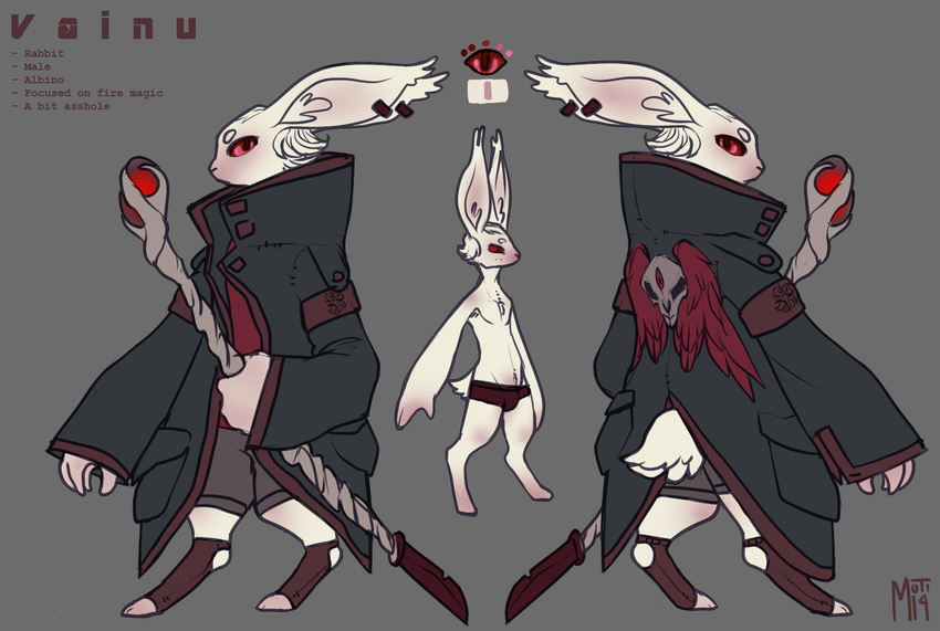 2014 albino anthro armpit_hair chest_tuft clothed clothing coat ear_piercing fur hair half-dressed lagomorph long_ears magic_user male mammal model_sheet mutisija piercing polearm rabbit red_eyes short_tail shorts skull solo staff standing topless tuft underwear vainu weapon white_body white_hair wings