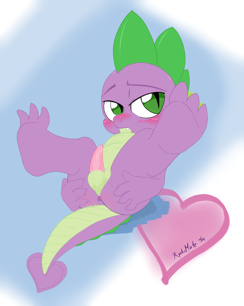 &lt;3 2014 anthro anus balls blush butt butt_grab cub dragon erection fangs friendship_is_magic front_view green_eyes half-closed_eyes hand_on_butt kyokimute legs_up looking_at_viewer male my_little_pony penis presenting presenting_anus purple_scales reclining scalie simple_background slit_pupils solo spike_(mlp) spread_butt spreading tapering_penis young