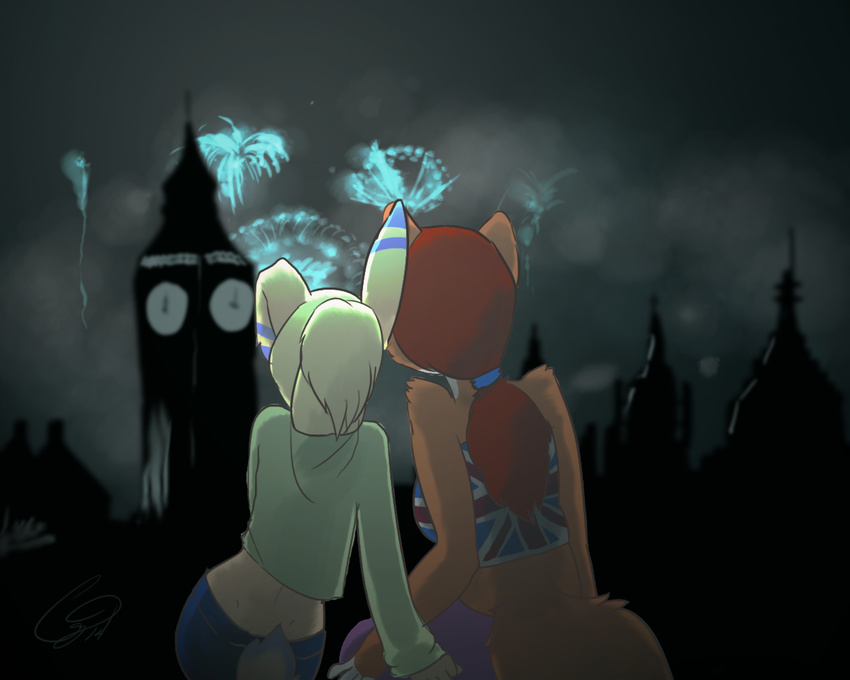 2014 anthro british brown_fur cainethelongshot canine chow chubby cindy cinny clothed clothing couple cuddling dog duo female fireworks friends fur guy_fawkes_night hair lagomorph lesbian london long_hair lop lop_eared mammal night outside pomme rabbit sweater union_jack