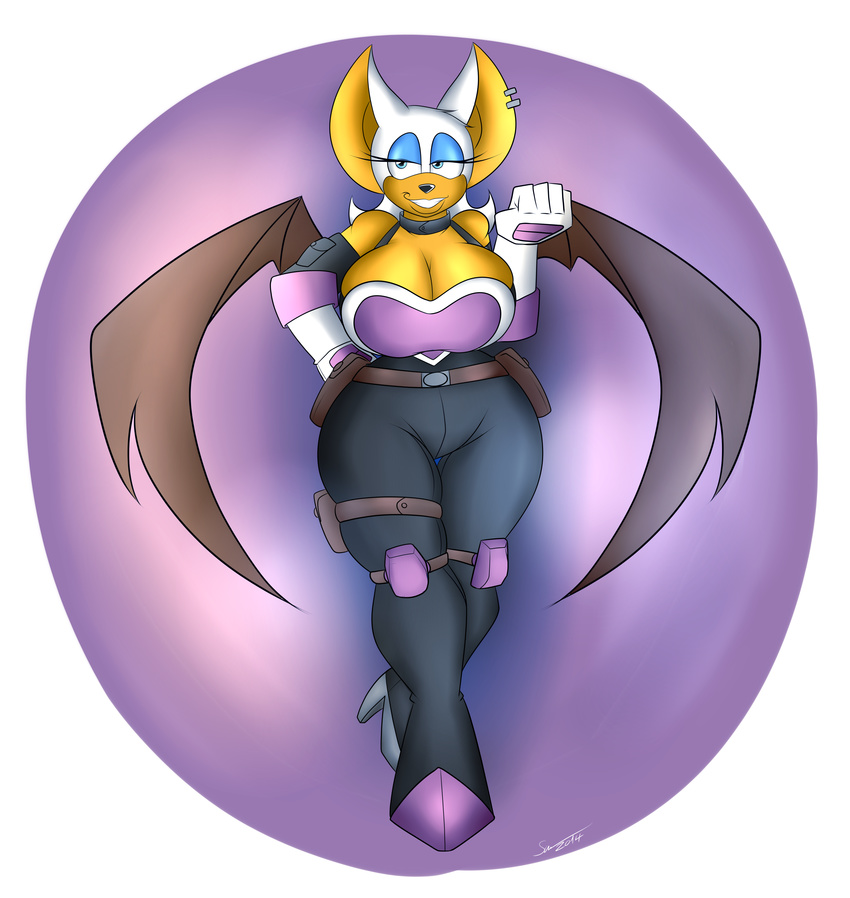 2014 anthro bat big_breasts breasts cleavage clothed clothing female huge_breasts looking_at_viewer mammal rouge_the_bat sega smile solo sonic_(series) supersonicrulaa wide_hips wings