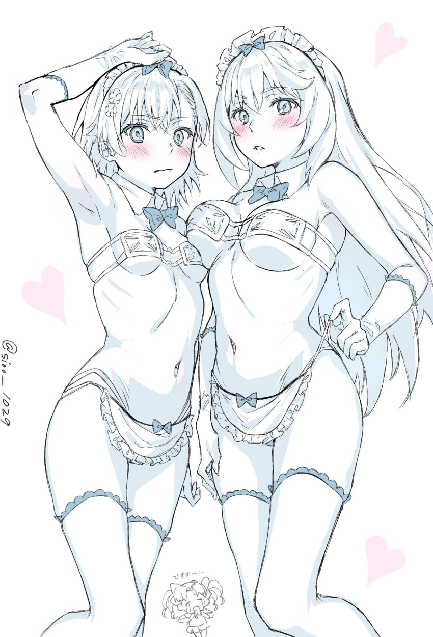 3girls apron arm_up armpits asymmetrical_docking bikini blush bow bowtie breast_press breasts commentary detached_collar elbow_gloves enmaided eyepatch_bikini gloves greyscale hair_ornament hairpin highres large_breasts long_hair looking_at_viewer maid maid_apron maid_headdress misaka_mikoto monochrome multiple_girls navel shirai_kuroko shokuhou_misaki short_hair sioo_1029 sketch small_breasts swimsuit thighhighs toaru_kagaku_no_railgun toaru_majutsu_no_index traditional_bowtie twitter_username very_long_hair waist_apron white_background