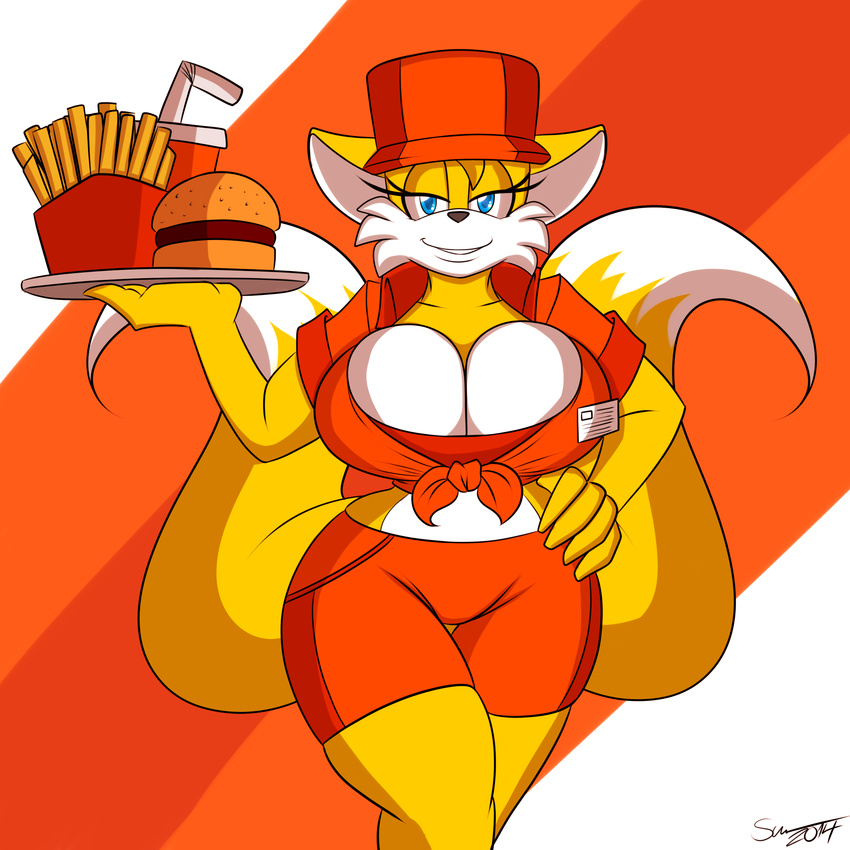 2014 anthro big_breasts breasts canine cleavage clothed clothing crossgender female food fox huge_breasts looking_at_viewer mammal miles_prower sega smile solo sonic_(series) supersonicrulaa