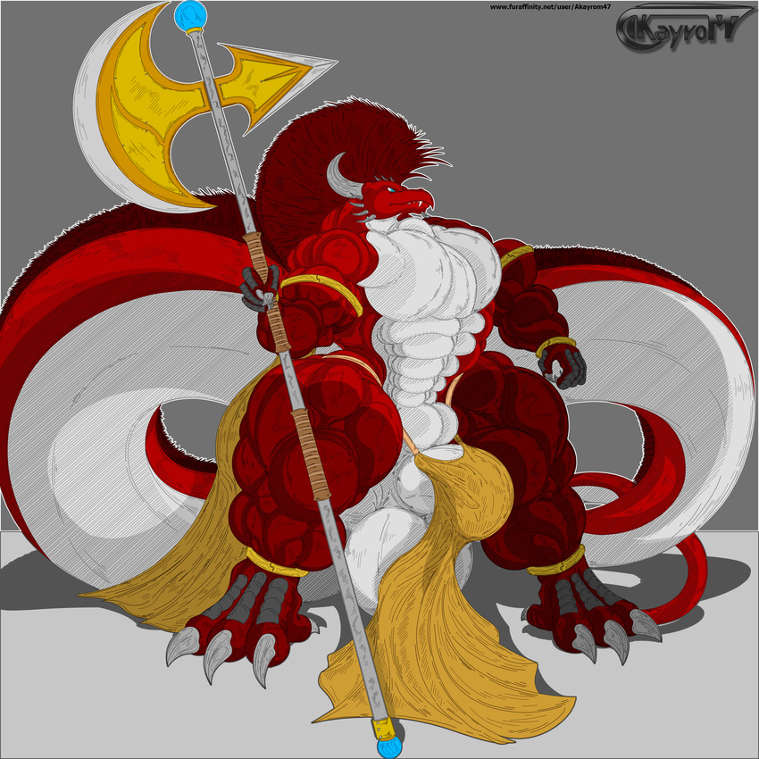 2014 abs akayrom47 anthro anus balls biceps big_balls big_muscles bulge claws dragon flaccid horn huge_balls huge_muscles hyper hyper_balls hyper_muscles hyper_penis lioncloth male masculine muscles pecs penis pose red_scales scalie solo standing toned white_scales