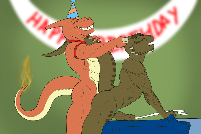 anal anal_penetration anthro archshen argonian arm_straps bent_over birthday charmeleon cock_ring collar cum cum_while_penetrated cumshot domination duo erection eyes_closed fan_character fangs fire from_behind gay hands-free hat horn horn_grab lizard male meteorsmash nintendo nude open_mouth orgasm party penetration penis pok&eacute;mon raised_tail reptile scalie sex side_view standing tail_grab the_elder_scrolls the_elder_scrolls_v:_skyrim thick_tail uncut video_games