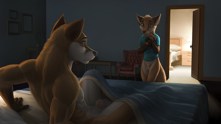 2014 abs adam_wan age_difference anthro balls bed biceps blue_eyes bottomless canine clothed clothing cub duo fox fully_sheathed fur gay half-dressed male mammal muscles nipples nude pecs penis penis_tip plushie sheath shirt topless uncle young