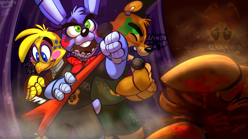 2014 animatronic annoying_watermark anthro avian band beak bear bird black_nose blue_eyes blue_fur brown_fur chicken clothed clothing cool curtains eyes_closed female five_nights_at_freddy's five_nights_at_freddy's_2 fur green_eyes group guitar hoodie keyboard lagomorph machine male mammal mechanic mechanical microphone musical_instrument pants rabbit robot shirt shorts shouting smoke tattoo thedoggygal toy_bonnie_(fnaf) toy_chica_(fnaf) toy_freddy_(fnaf) watermark yellow_fur