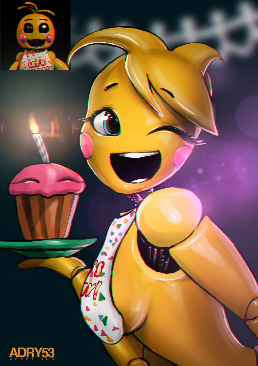 :d adry53 animatronic avian bird blush breasts chicken cupcake_(fnaf) female five_nights_at_freddy's five_nights_at_freddy's_2 happy looking_at_viewer machine mechanical robot side_boob toy_chica_(fnaf)