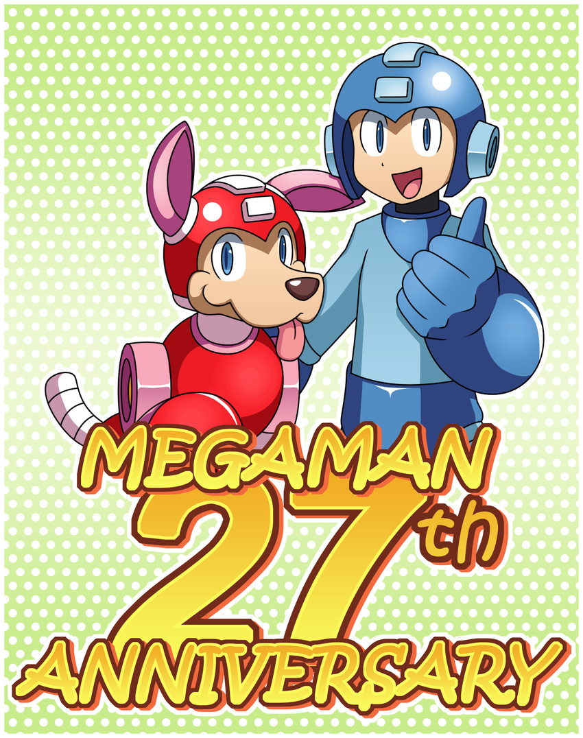 5_fingers armor black_nose blue_eyes canine capcom dog duo english_text gloves happy helmet machine male mammal mechanical mega_man_(character) mega_man_(series) robot rockmanzxadvent rush_(character) text tongue tongue_out video_games