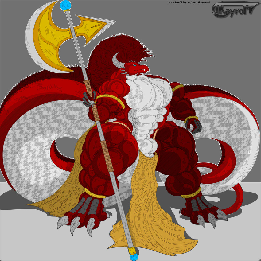 2014 abs akayrom47 anthro balls biceps big_muscles claws dragon horn hyper hyper_muscles lioncloth male masculine muscles pecs plain_background red_scales scalie solo toned white_scales