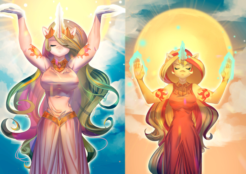 5_fingers anthro bakki clothed clothing day detailed_background duo equestria_girls equine female friendship_is_magic horn magic mammal my_little_pony outside princess_celestia_(mlp) sky standing sun sunset_shimmer_(eg) unicorn