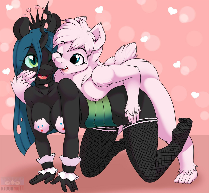 anthro areola bent_over big_breasts black_body blue_eyes breasts changeling crown digital_media_(artwork) duo earth_pony equine fan_character female fishnet fluffle_puff friendship_is_magic fur green_eyes horn horse kloudmutt legwear male mammal my_little_pony nipples one_eye_closed open_mouth pink_fur pony queen_chrysalis_(mlp) shaded slit_pupils stockings straight