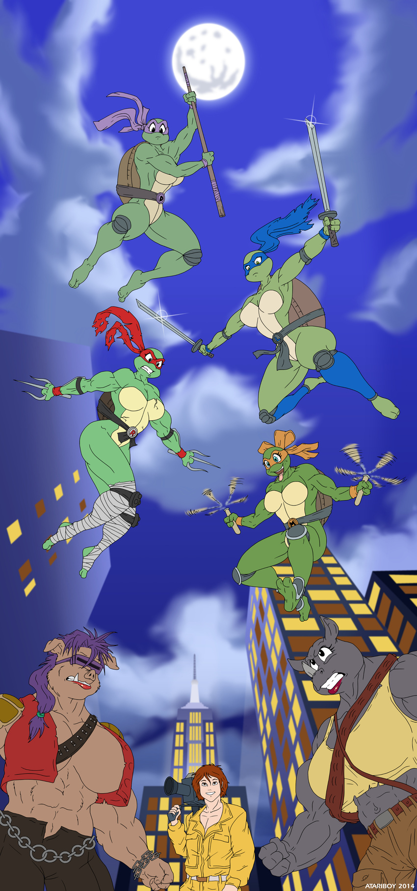 2014 anthro april_o'neil atariboy bandage bebop belt biceps big_breasts boar bow breasts camera city color colored crossgender donatello_(tmnt) female group katana knee_pads leonardo_(tmnt) male mammal michelangelo_(tmnt) moon muscles muscular_female nunchaku polearm porcine raphael_(tmnt) reptile rhinoceros rocksteady sai scalie shell sky staff sword teenage_mutant_ninja_turtles turtle weapon