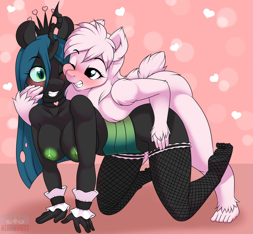 anthro areola bent_over big_breasts black_body blue_eyes blush breasts changeling clenched_teeth collar crown digital_media_(artwork) duo earth_pony equine fan_character female fishnet fluffle_puff friendship_is_magic fur green_eyes hi_res horn horse kloudmutt legwear male mammal my_little_pony nipples one_eye_closed open_mouth penetration pink_fur pony queen_chrysalis_(mlp) sex shaded slit_pupils stockings straight teeth toe_curl