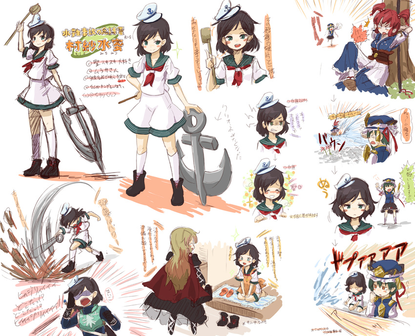 anchor brown_hair cosplay ghost hat hijiri_byakuren kingin multiple_girls multiple_persona murasa_minamitsu onozuka_komachi parody partially_translated red_hair rod_of_remorse sailor sailor_hat shiki_eiki shinkon_santaku tales_of_(series) tales_of_rebirth touhou translation_request veigue_lungberg veigue_lungberg_(cosplay)