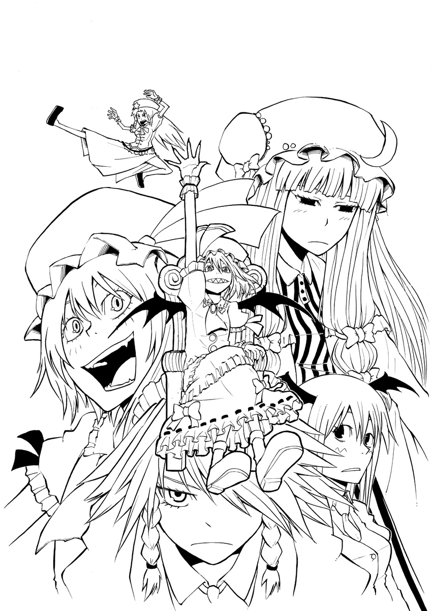 bat_wings braid flandre_scarlet flying_kick greyscale hair_over_one_eye hat head_wings highres hong_meiling izayoi_sakuya karu_(ishiken) kicking koakuma millipen_(medium) monochrome multiple_girls nib_pen_(medium) patchouli_knowledge remilia_scarlet sharp_teeth teeth touhou traditional_media twin_braids wings