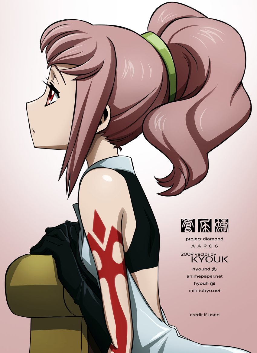 absurdres anya_alstreim arm_tattoo bare_arms bare_shoulders code_geass from_side gradient gradient_background highres parted_lips pink_hair ponytail profile red_eyes shiny shiny_skin sleeveless solo tattoo upper_body vector_trace