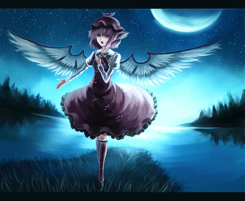 :o animal_ears arm_garter bad_id bad_pixiv_id banned_artist dress forest full_moon grass hand_on_own_chest hat kneehighs lake letterboxed long_sleeves moon moonlight music mystia_lorelei nature night night_sky open_mouth paseri pink_eyes pink_hair puffy_sleeves short_hair singing sky socks solo touhou tree water wings