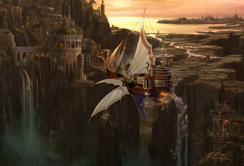 airship building city creature fantasy flying landscape no_humans original river scenery uchio_kazumasa water waterfall