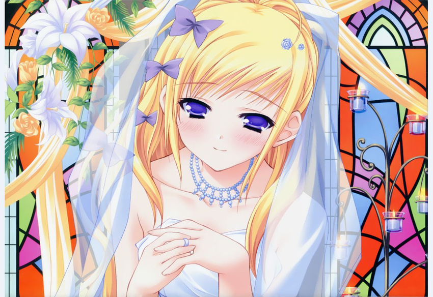 blonde_hair bride dress flower jewelry kisaragi_mifuyu long_hair moekibara_fumitake ring solo tayutama wedding_dress
