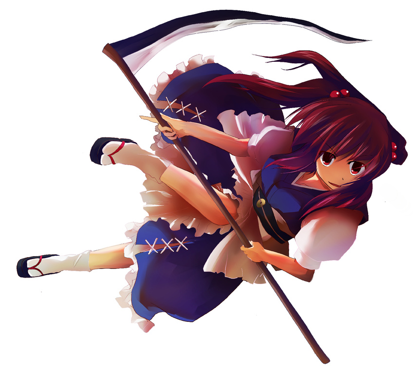 :o blush full_body geta highres holding holding_weapon looking_at_viewer murasin okobo onozuka_komachi parted_lips polearm sandals scythe short_hair socks solo tabi touhou two_side_up weapon white_legwear