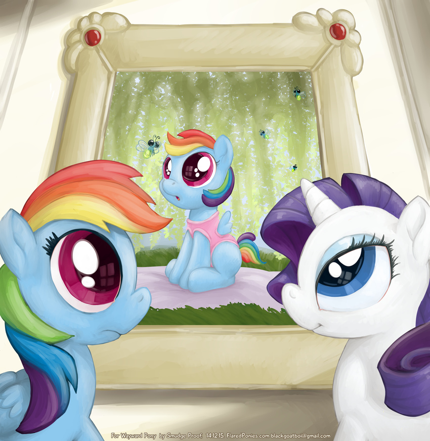 2014 big_eyes blanket blue_eyes canopy clothed clothing cub detailed_background equine female feral firefly friendship_is_magic grass hair horn horse light looking_up mammal mane multicolored_hair my_little_pony painting pegasus pink_eyes pony portrait rainbow_dash_(mlp) rarity_(mlp) reflection shadow smudge_proof surprise tree unicorn weeping_willow window wings young