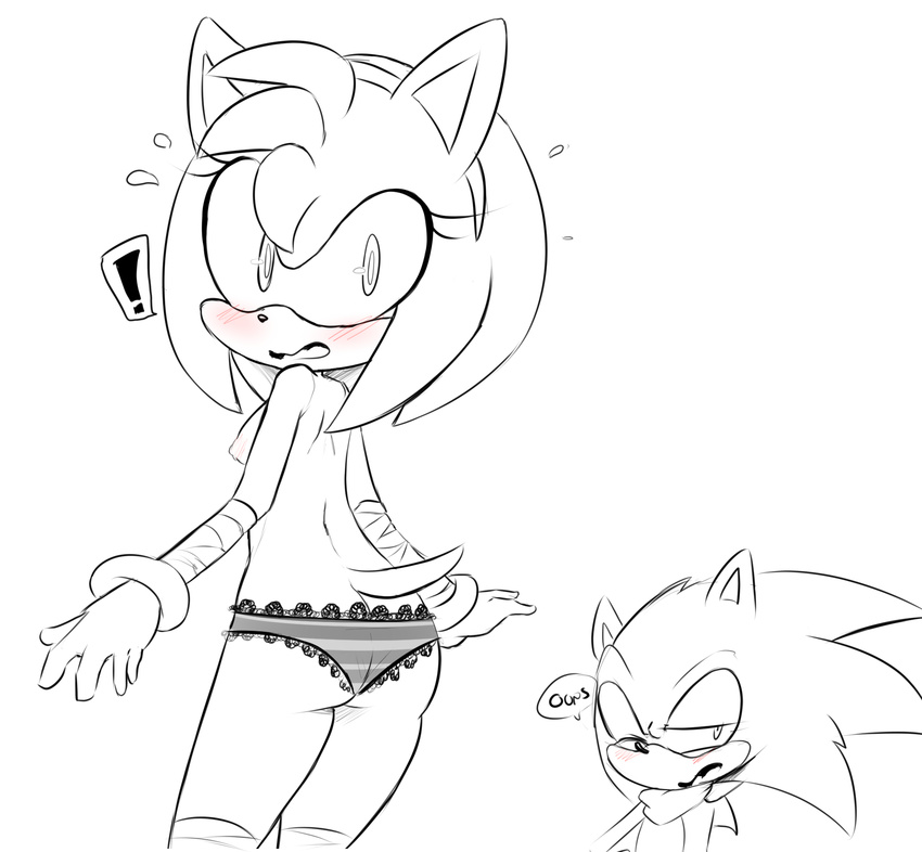 2014 amy_rose anthro blush breasts butt clothed clothing duo english_text female half-dressed hearlesssoul hedgehog looking_back male mammal nipples one_eye_closed open_mouth panties sega sonic_(series) sonic_the_hedgehog text topless underwear