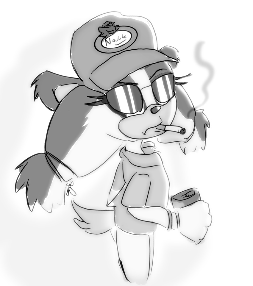 anthro badger cigarette crossover dale_gribble eyewear female hat king_of_the_hill looking_at_viewer mammal monochrome mustelid nack_the_weasel parody sega smoking solo sonic_(series) sonic_boom sticks_the_jungle_badger sunglasses