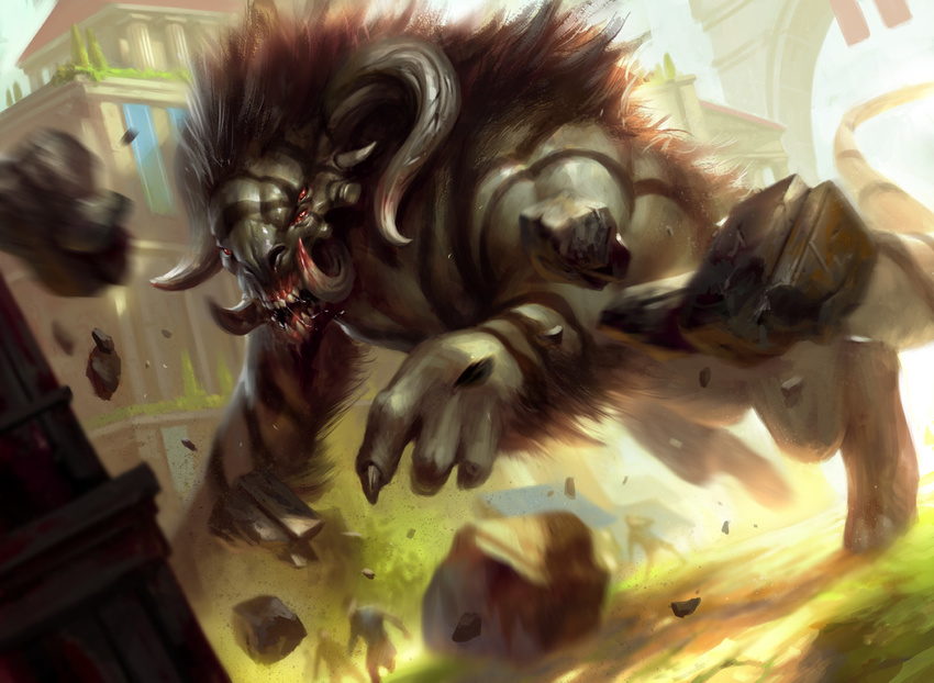 ambiguous_gender architecture claws daarken destruction feral horn jumping low-angle_shot magic_the_gathering mane monster multiple_eyes official_art pouncing restricted_palette rock solo tusks