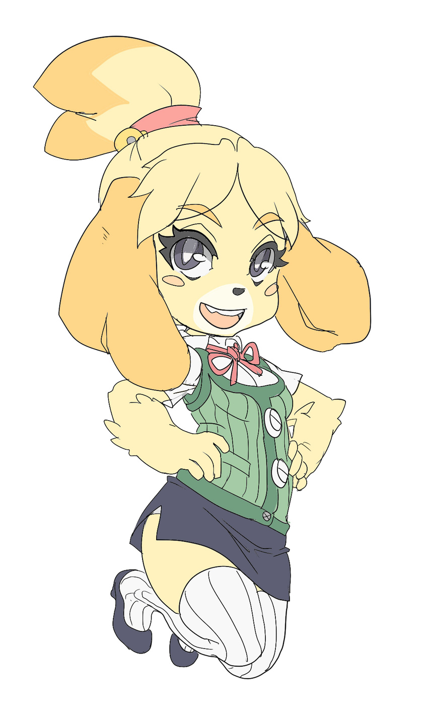 absolute_territory animal_crossing blush canine dog female high_heels isabelle_(animal_crossing) legwear looking_at_viewer mammal maniacpaint nintendo skirt solo thigh_highs video_games