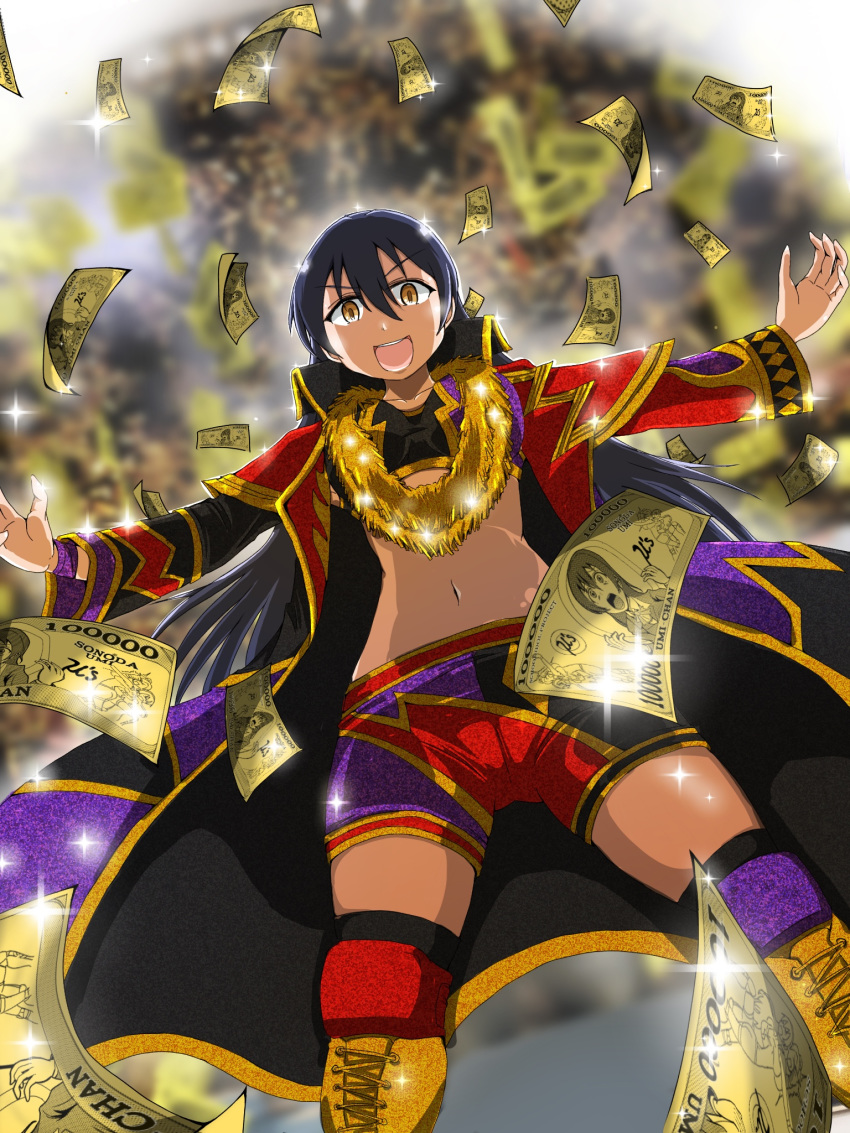 black_hair collar cosplay dollar_bill falling_money gold_necklace hand_gesture highres imitating jewelry knee_pads long_coat long_hair long_sleeves love_live! love_live!_school_idol_project money navel necklace new_japan_pro_wrestling okada_kazuchika open_mouth outstretched_arms parody shorts smile sonoda_umi sparkle user_whrj2724 wrestling wrestling_boots wrestling_outfit yellow_eyes