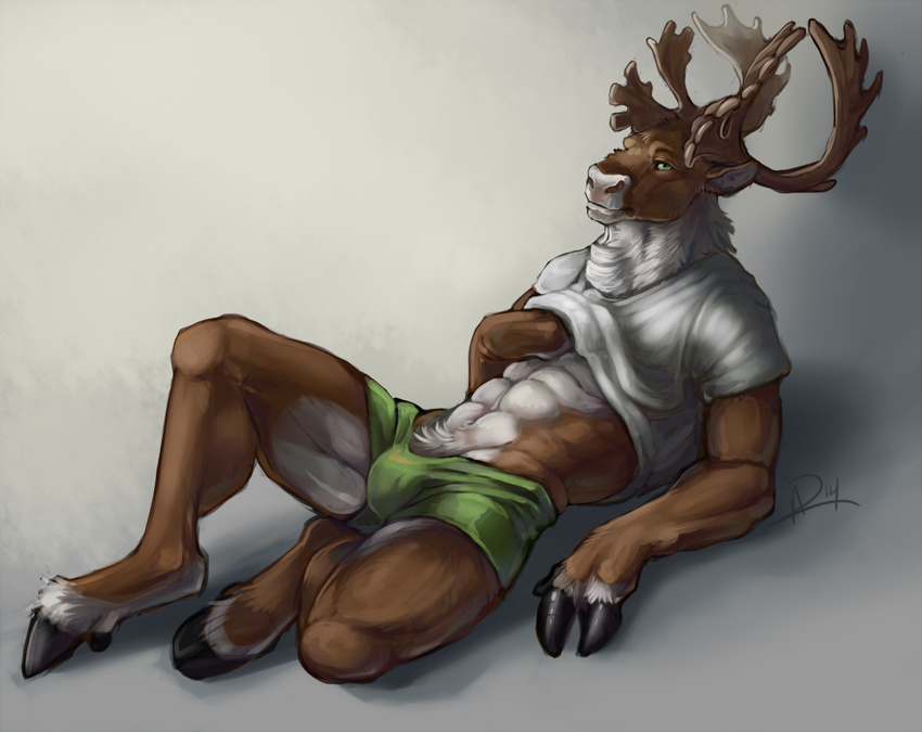 2014 abs anthro antlers brown_fur bulge cervine clothing digital_media_(artwork) explicital fur green_eyes hooves horn inviting looking_at_viewer lying male mammal muscles on_back pose raised_leg reindeer ruxley shirt shirt_lift shorts solo spread_legs spreading toned white_fur