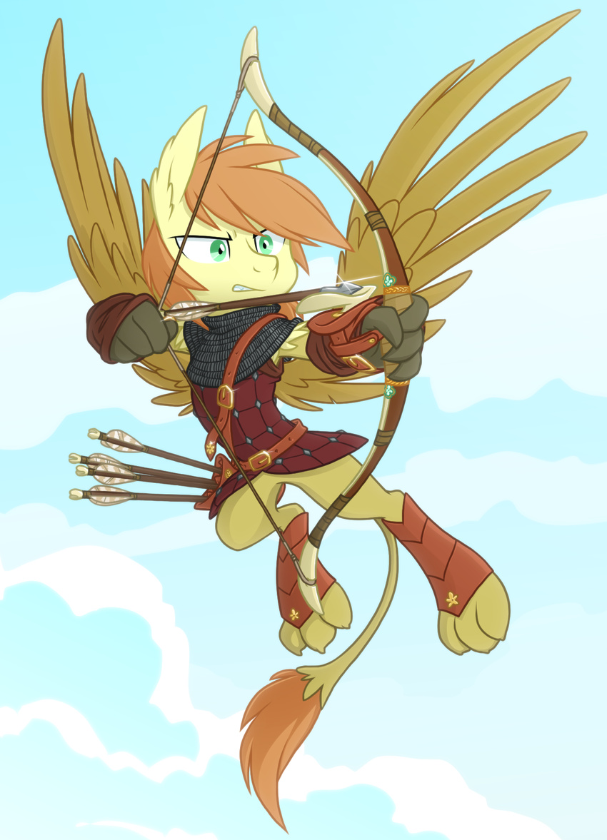 2014 armor arrow bow cloud cloudscape equestria-prevails equine fan_character flying green_eyes gritted_teeth hippogryph hybrid male mammal my_little_pony outside pegasus sky solo wings