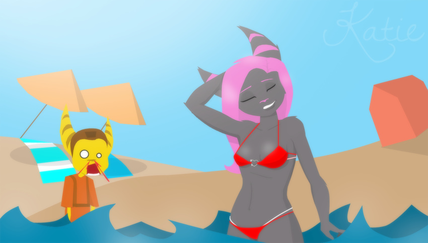 beach bikini blood breasts clothing duo eightysix eyes_closed female hair hi_res katie lombax nosebleed outside pink_hair ratchet ratchet_and_clank sand seaside smile smirk stripes swimsuit teenager video_games water wave wet young