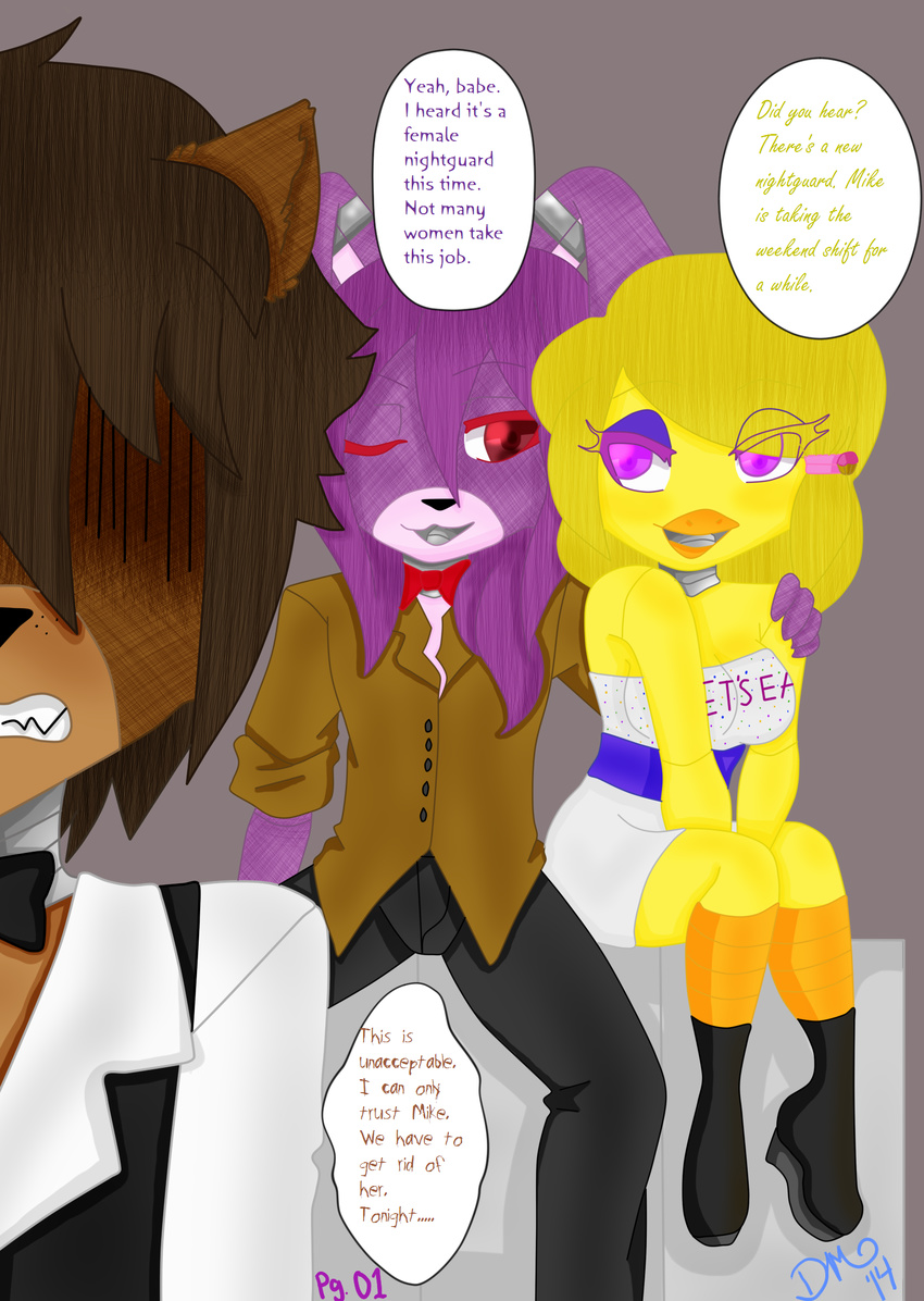 angry animatronic anthro avian beak bear bird bonnie_(fnaf) bow_tie brown_shirt chica_(fnaf) chicken color comic discordmelody dress female five_nights_at_freddy's freckles freddy_(fnaf) fur group lagomorph machine male mammal mechanical rabbit robot smile stage white_shirt