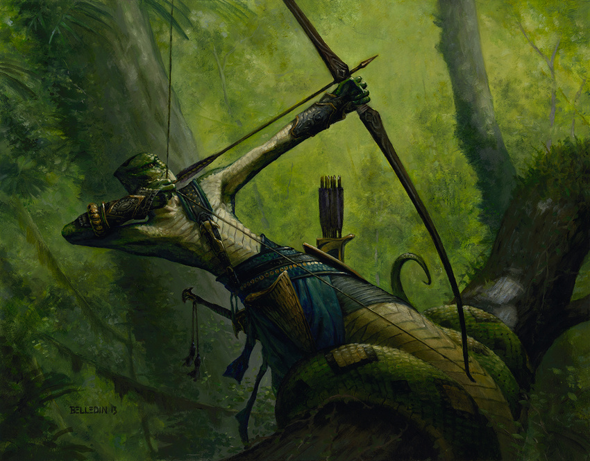 aiming archer arrow bent_back bow branch clothing coiling forest magic_the_gathering male naga nature official_art outside restricted_palette signature solo steven_belledin tree