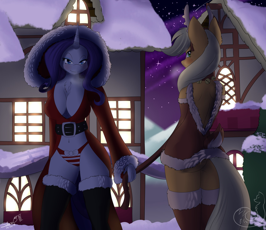 absurd_res anthro applejack_(mlp) belt big_breasts bow breasts cervine christmas clothing cosplay costume duo earth_pony equine female friendship_is_magic hat hi_res holidays hood horn horse mammal my_little_pony panties pony rarity_(mlp) reindeer sexy_santa silverfox057 snow underwear unicorn winter