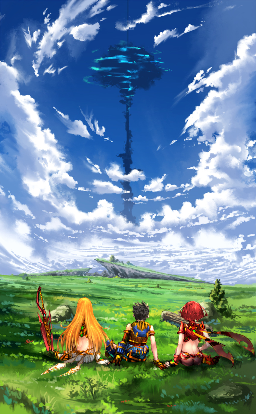 1boy 2girls absurdres arm_at_side arm_support armlet ass blonde_hair blue_sky brown_gloves brown_hair bush cloud commentary_request day field from_behind gloves grass highres hikari_(xenoblade_2) homura_(xenoblade_2) long_hair multiple_girls nintendo planted_sword planted_weapon poteto_(potetosarada123) red_hair rex_(xenoblade_2) rock scenery shirt short_hair sitting skirt sky sword touching tree very_long_hair weapon white_shirt xenoblade_(series) xenoblade_2