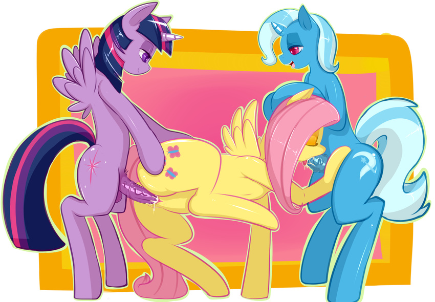 2014 animal_genitalia balls dickgirl dickgirl_on_female equine erection fellatio female feral fluttershy_(mlp) friendship_is_magic group horn horsecock intersex intersex_on_female mammal my_little_pony oral pegasus penetration penis pussy saurian_(artist) sex spitroast trixie_(mlp) twilight_sparkle_(mlp) unicorn vaginal vaginal_penetration winged_unicorn wings