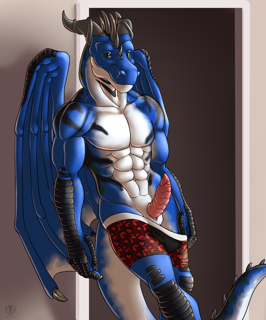 2014 abs animal_genitalia anthro biceps black_scales black_skin blue_scales blue_skin boxers claws cloaca clothed clothing door dragon drakien erection genital_slit green_eyes half-dressed horn leaning leaning_back looking_at_viewer male markings muscles pecs penis pose reptile ridged_penis scales scalie sheath slit smile solo spines standing suggestive toned topless triceps underwear underwear_down vallhund white_belly white_scales white_skin wings