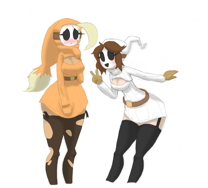 belt big_breasts bit-small blush breasts cleavage clothed clothing dark_skin female gloves happy hood hooded keyhole_turtleneck legwear mario_bros mask mittens nintendo plain_background pose shy shygirl shyguy sketch stockings sweater tanned tanned_skin tatters torn_clothing video_games wide_hips wraith