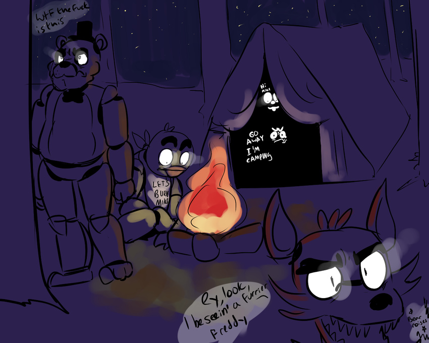 2014 animatronic anthro avian beak bear bib bird bow_tie camping canine chica_(fnaf) chicken clothing english_text feathers fire five_nights_at_freddy's fox foxy_(fnaf) freddy_(fnaf) glowing glowing_eyes group kneeling machine male mammal mechanical night open_mouth robot star tent text tree video_games