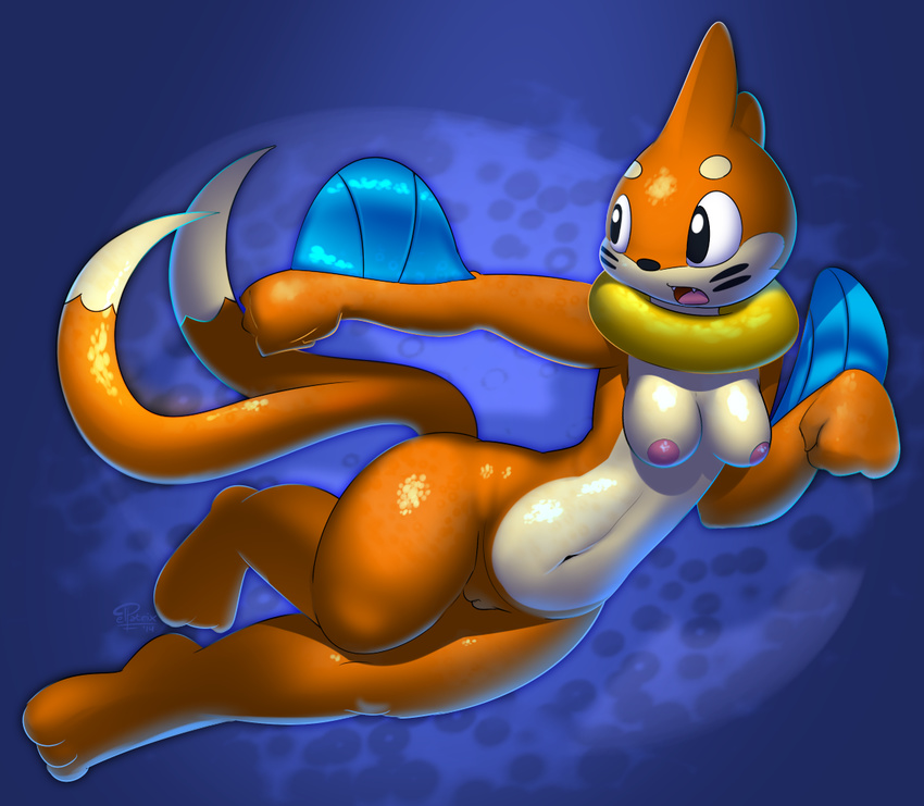 2014 anthro anthrofied black_eyes breasts buizel elpatrixf female looking_back mammal multiple_tails mustelid navel nintendo nude open_mouth orange_body pok&eacute;mon pussy solo video_games