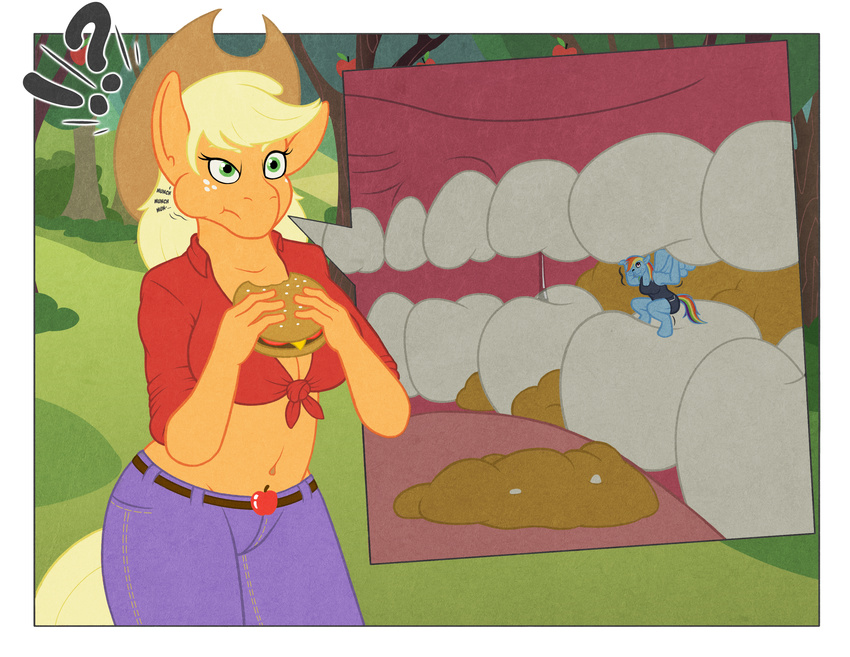 anthro anthrofied applejack_(mlp) breasts burger clothed clothing earth_pony equine female food freckles friendship_is_magic hair horse humor imminent_death mammal matthew_the_mouse multicolored_hair my_little_pony navel pegasus pony rainbow_dash_(mlp) saliva teeth vore wings